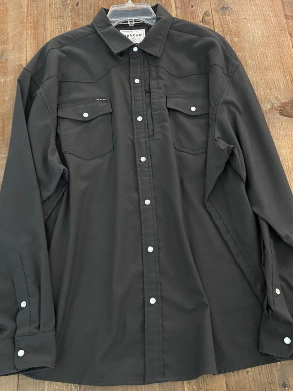 PONCHO Shirt The Western Button-Up Pearl Snap Polyester Top Black 2XL